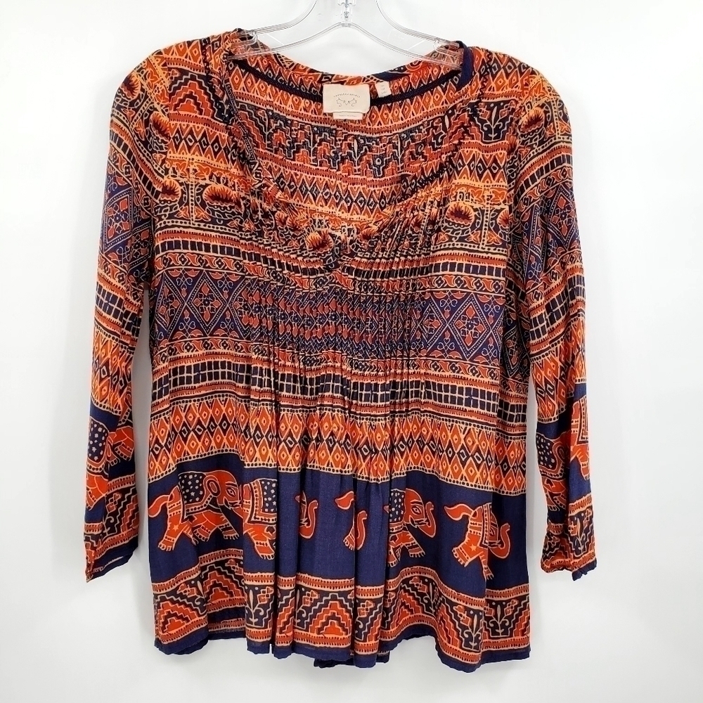 Vanessa Virginia Anthropologie Elephant Print Navy Blue Orange Boho Top